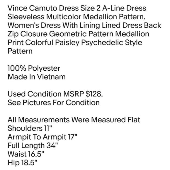 Vince Camuto Dress Size 2 A-Line Dress Sleeveless Multicolor Medallion Pattern. - Picture 2 of 5